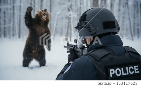 ライフル銃を構えて射撃のタイミングを伺う熊駆除対応プロジェクトチームの警察官 ライフル銃を構えて射撃のタイミングを伺う熊駆除対応プロジェクトチームの警察官 133117625