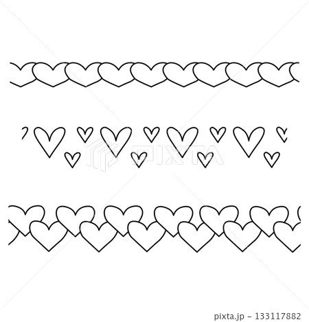 Hearts Valentine's Day seamless border horizontal. Vector graphic line black and white illustration. Banner, poster, wrapping paper, sticker, print, modern textile design. Hearts Valentine's Day seamless border horizontal. Vector graphic line black and white illustration. Banner, poster, wrapping paper, sticker, print, modern textile design. 133117882