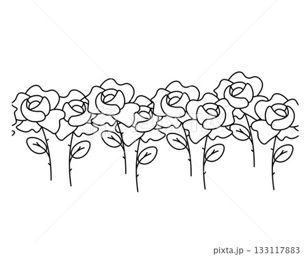 Roses Valentine's Day seamless border horizontal. Vector graphic line black and white illustration. Silhouette sign for logo, print, comics, fashion, pop art, boards, design, stickers, decoration Roses Valentine's Day seamless border horizontal. Vector graphic line black and white illustration. Silhouette sign for logo, print, comics, fashion, pop art, boards, design, stickers, decoration 133117883