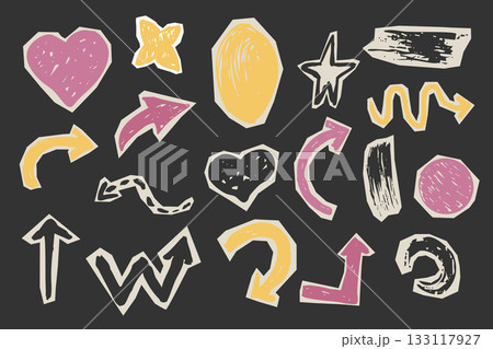 Cutout torn paper pieces geometric shapes, arrows, grunge crayon hand drawn set. Collage funky, groovy retro doodle parts, scrapbook elements, design 133117927