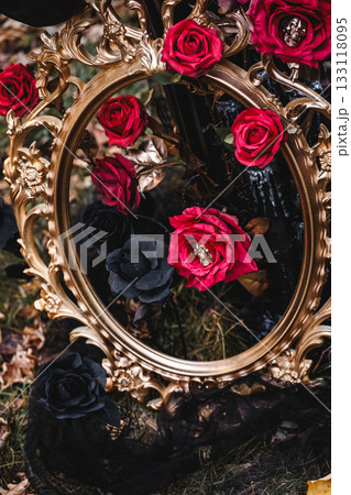 Dark Romantic Halloween Still Life with Roses and Skulls 133118095