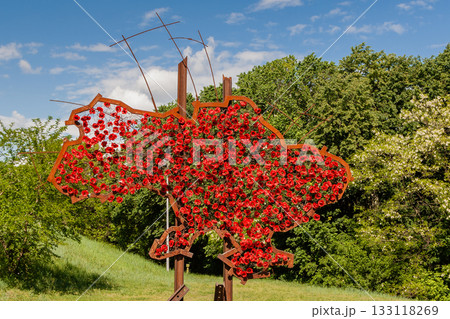 KIEV, UKRAINE - MAY 27, 2017: Metal structure in the form of Ukraine covered with poppies KIEV, UKRAINE - MAY 27, 2017: Metal structure in the form of Ukraine covered with poppies 133118269