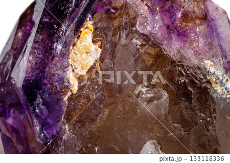 Macro Mineral Stone Amethyst together smoky quartz, rauchtopaz on a white background Macro Mineral Stone Amethyst together smoky quartz, rauchtopaz on a white background 133118336