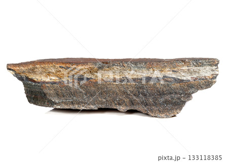 Macro mineral stone Snake eye in the rock a white background 133118385