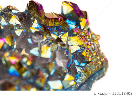 Macro mineral stone Titanium Quartz, Flame Aura Quartz on a white background 133118402