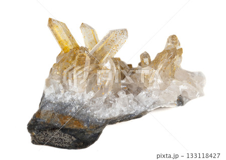 Macro Mineral Stone Crystals Citrine on a white background 133118427