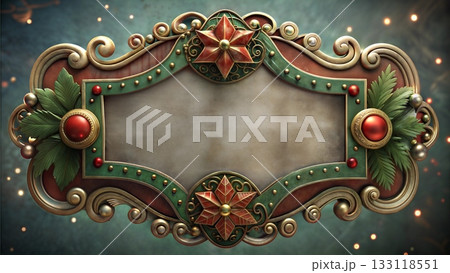 Festive Christmas frame with red ornaments and gold accents, holiday greeting design with copy space 133118551