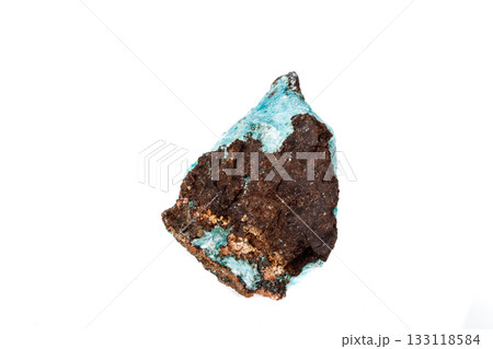 Macro mineral aurichalcite stone on microcline on white background Macro mineral aurichalcite stone on microcline on white background 133118584