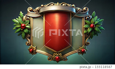 Vintage Christmas plaque with red and gold accents, festive holiday design with holly leaves Vintage Christmas plaque with red and gold accents, festive holiday design with holly leaves 133118587