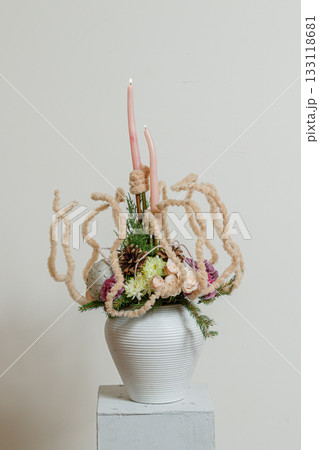 Christmas composition of fresh flowers 133118681