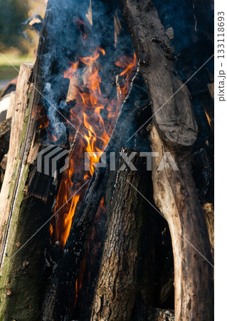 Beautiful fire flames on a campfire 133118693
