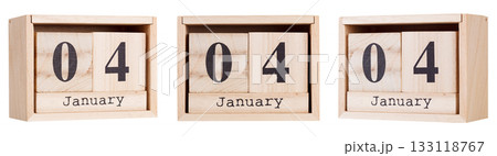 Wooden calendar, a set of dates of the month 04 January, on a white and transparent background Wooden calendar, a set of dates of the month 04 January, on a white and transparent background 133118767