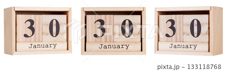 Wooden calendar, a set of dates of the month 30 January, on a white and transparent background 133118768