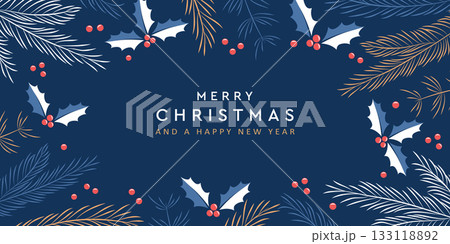 christmas winter background fir branches and holly berry vector illustration christmas winter background fir branches and holly berry vector illustration 133118892