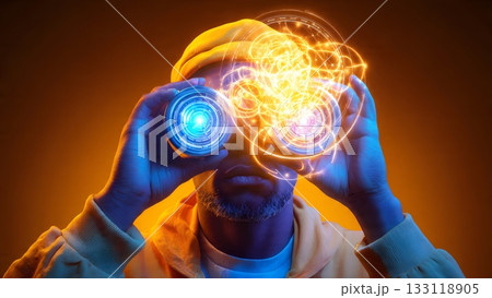 A man in a yellow beanie looks through binoculars, viewing a dynamic network of glowing light and energy lines. This symbolizes future vision, business innovation, and technological power.AI Generated A man in a yellow beanie looks through binoculars, viewing a dynamic network of glowing light and energy lines. This symbolizes future vision, business innovation, and technological power.AI Generated 133118905