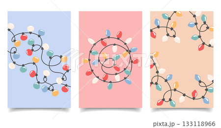 Set of postcards with colorful holiday garlands. Christmas lights posters. Set of postcards with colorful holiday garlands. Christmas lights posters. 133118966