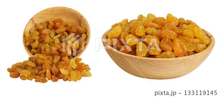 Yellow Raisins in wooden bowl isolated on white background. 133119145