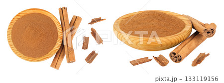 Cinnamon sticks with powder in wooden bowl isolated on white background. Top view. Flat lay Cinnamon sticks with powder in wooden bowl isolated on white background. Top view. Flat lay 133119156