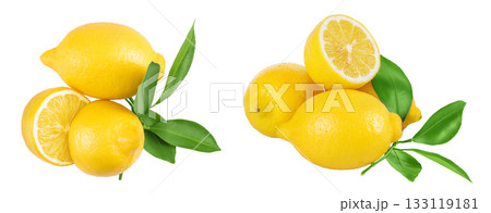 Ripe lemon with half isolated on white background with full depth of field. Top view. Flat lay Ripe lemon with half isolated on white background with full depth of field. Top view. Flat lay 133119181