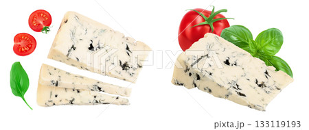 Blue cheese gorgonzola isolated on white background with full depth of field. Top view. Flat lay. Blue cheese gorgonzola isolated on white background with full depth of field. Top view. Flat lay. 133119193