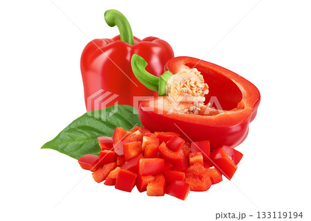 diced of red sweet bell pepper isolated on white background diced of red sweet bell pepper isolated on white background 133119194