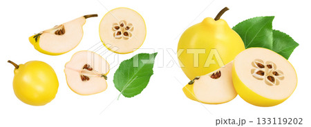 Fresh quince with half and slices isolated on the white background with full depth of field. Top view. Flat lay 133119202