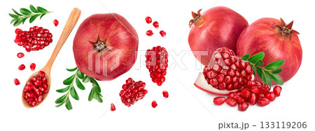 Pomegranate isolated on white background with full depth of field. Top view. Flat lay 133119206