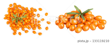 Sea buckthorn. Fresh ripe berry with leaves isolated on white background. Top view. Flat lay pattern 133119210