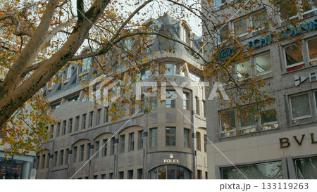 Luxury storefront with autumn leaves in a busy urban setting near high-end shops 133119263