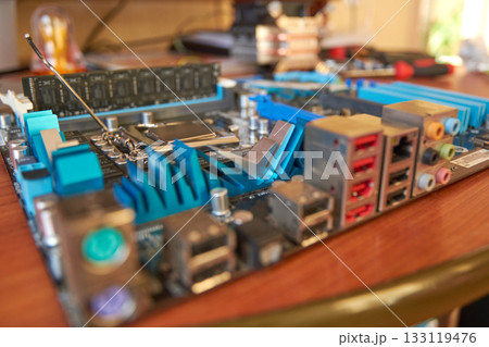 Close-up interface panel, 6 8-channel audio connectors, USB ports, LAN port 133119476