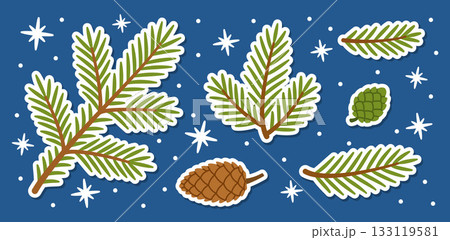 spruce branches and pine cones sticker set. flat style vector illustration. spruce branches and pine cones sticker set. flat style vector illustration. 133119581