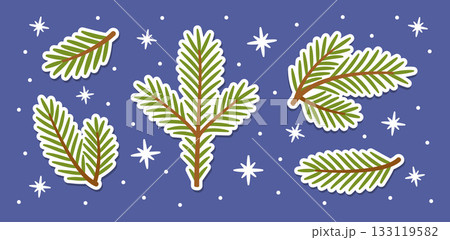spruce branches sticker set with small snow elements. flat style spruce branches sticker set with small snow elements. flat style 133119582
