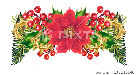 Luxurious Christmas bouquet of red poinsettias with vintage gold vignettes, holly berries. Watercolor template for home decor, cards, labels, stickers, scrapbook, greeting cards, floral arrangements Luxurious Christmas bouquet of red poinsettias with vintage gold vignettes, holly berries. Watercolor template for home decor, cards, labels, stickers, scrapbook, greeting cards, floral arrangements 133119640