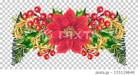 Luxurious Christmas bouquet of red poinsettias with vintage gold vignettes, holly berries. Watercolor template for home decor, cards, labels, stickers, scrapbook, greeting cards, floral arrangements Luxurious Christmas bouquet of red poinsettias with vintage gold vignettes, holly berries. Watercolor template for home decor, cards, labels, stickers, scrapbook, greeting cards, floral arrangements 133119640