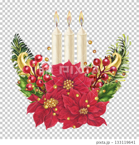Christmas bouquet of red poinsettias with vintage gold vignettes, holly berries, flaming candles. Watercolor template for home decor, postcards, labels, stickers, scrapbooking, greeting cards, or gift Christmas bouquet of red poinsettias with vintage gold vignettes, holly berries, flaming candles. Watercolor template for home decor, postcards, labels, stickers, scrapbooking, greeting cards, or gift 133119641