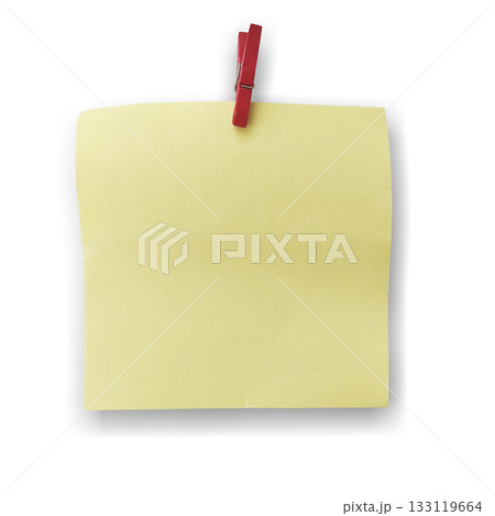 Yellow note paper, sticky note reminder sticker with red clothespin isolated on white background. 133119664
