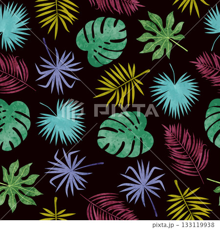 Seamless colorful tropical watercolor leaves pattern. Vector jungle tropic background Seamless colorful tropical watercolor leaves pattern. Vector jungle tropic background 133119938