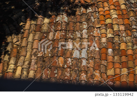 Old terracotta roof tiles with weathered texture and lichen in warm sunlight, Bulgaria. Old terracotta roof tiles with weathered texture and lichen in warm sunlight, Bulgaria. 133119942