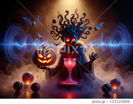 Halloween sorcerer's enchantment. A mystical scene featuring a sorcerer-like figure with glowing red eyes, surrounded by bats  and mist. 133120009