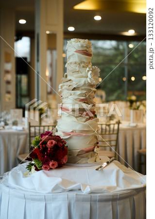 wedding cake on the table ballroom background wedding cake on the table ballroom background 133120092