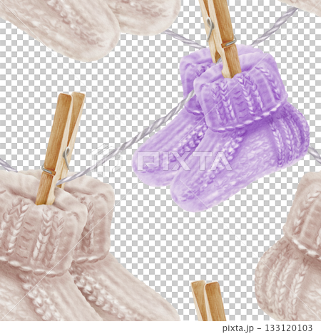 Symbol of World Prematurity Day-Purple knitted socks with ribbon,chamomile flowers symbolizing purity and childhood innocence.Watercolor seamless pattern for charity projects,social media 133120103