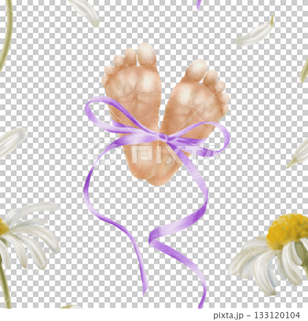 Premature baby feet tied with purple silk ribbon bow and chamomile flowers.Symbolic watercolor illustration for neonatal awareness,World Prematurity Day campaigns,and supportive charity projects Premature baby feet tied with purple silk ribbon bow and chamomile flowers.Symbolic watercolor illustration for neonatal awareness,World Prematurity Day campaigns,and supportive charity projects 133120104