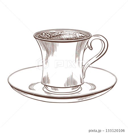 Coffee cup with black coffee and foam on a classic porcelain saucer in black and white vector style.Classic ceramic coffee pair with eastern slender handle.For cafe logos,menu,and food branding 133120106