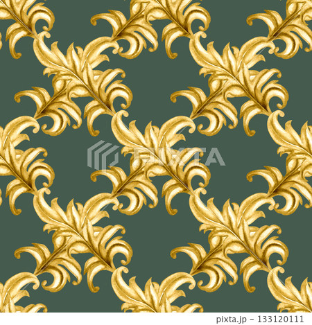 Golden vintage vignettes on a seamless pattern isolated on a green background. Watercolor template for Christmas, wedding decor, invitations, greeting, textile, tablecloths, table runners, home decor 133120111