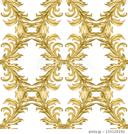 Golden vintage vignettes on a seamless pattern isolated on a white background. Watercolor template for Christmas, wedding decor, invitations, greeting, textile, tablecloths, table runners, home decor 133120192