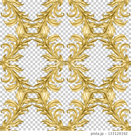 Golden vintage vignettes on a seamless pattern isolated on a white background. Watercolor template for Christmas, wedding decor, invitations, greeting, textile, tablecloths, table runners, home decor 133120192