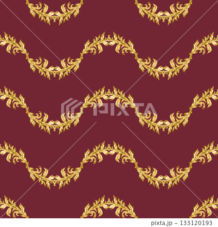 Golden vintage vignettes on a seamless pattern isolated on a red background. Watercolor template for Christmas, wedding decor, invitations, greeting, textile, tablecloths, table runners, home decor 133120193