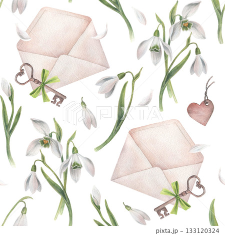 Seamless pattern with snowdrops, envelopes, cute keys, heart-shaped keychains, bows and petals. Watercolor illustration hand drawn and isolated on a white background. Perfect for decorating packaging. Seamless pattern with snowdrops, envelopes, cute keys, heart-shaped keychains, bows and petals. Watercolor illustration hand drawn and isolated on a white background. Perfect for decorating packaging. 133120324