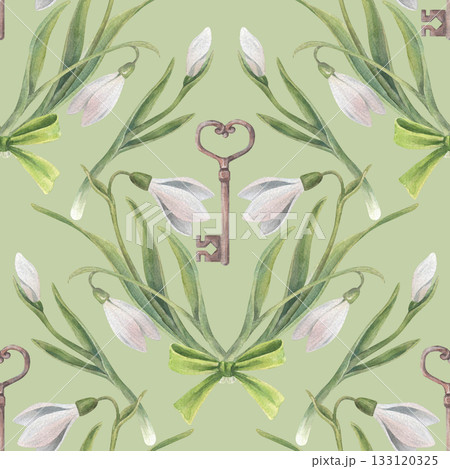 A seamless pattern featuring a vintage-style composition of snowdrops, leaves, and keys. Hand-drawn watercolor illustration isolated on a green background. Perfect for decorating packaging, textiles. A seamless pattern featuring a vintage-style composition of snowdrops, leaves, and keys. Hand-drawn watercolor illustration isolated on a green background. Perfect for decorating packaging, textiles. 133120325