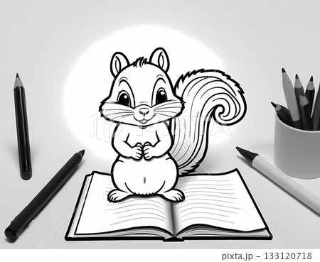 Cute squirrel doing homework coloring page, simple outline illustration. Preschool education 133120718